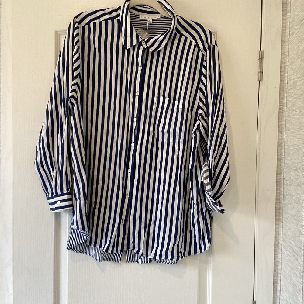 Jane and Delancey Navy and White Striped Button Down Shirt size 1X BNWT